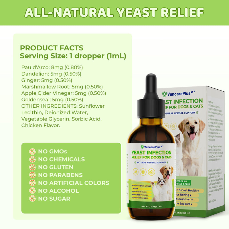 Natural Yeast Relief Drops for Dogs & Cats – 2 fl oz Herbal Ear & Skin Support for Itching, Paw Licking, Hot Spots & Odor Control – Apple Cider Vinegar & Goldenseal – Chicken Flavor Liquid Drops