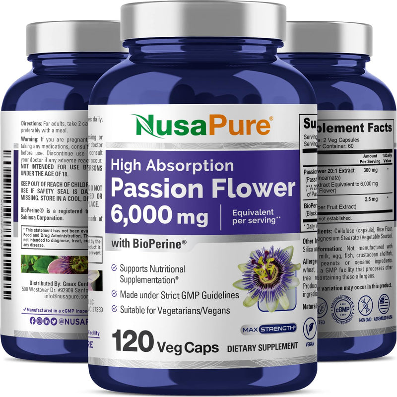 NusaPure Passion Flower 20:1 Extract, 300 mg Equivalent to 6,000mg, 120 Veggie Caps, Non-GMO, Bioperine, Extract Supplement 120 Count (Pack of 1)