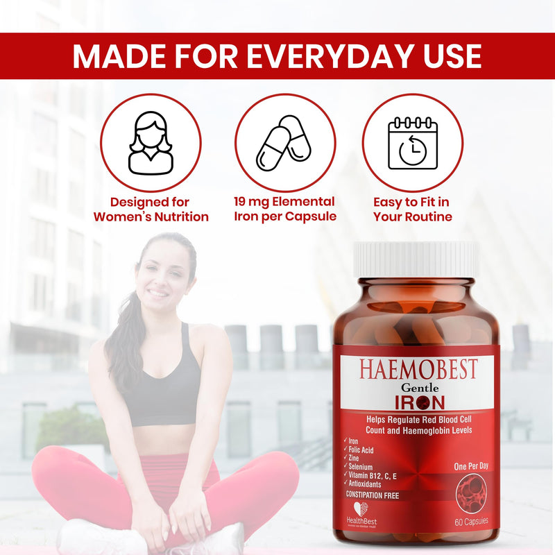 HealthBest High Potency Iron Capsules 19mg, Gentle, 60 Count | Faster Absorption, Non Constipating, Vitamin C, B12, Folate, Zinc & Selenium, Anemia, Hemoglobin & Immune Support, 60 Count Iron Capsule Haemobest