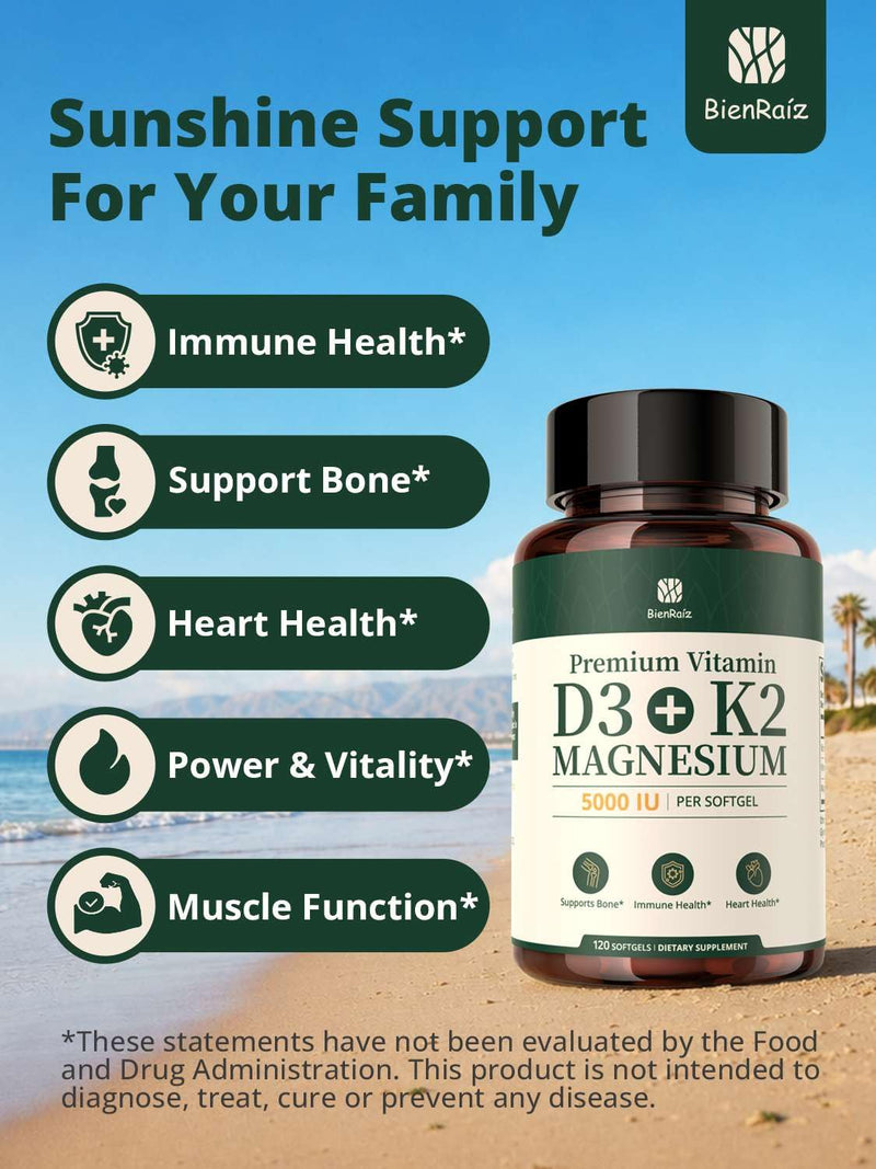Vitamin D3 K2 5000IU 100mcg MK7, 120 Easy to Swallow Softgels | K2 D3 Vitamin Supplement with Magnesium Glycinate to Support Bone & Heart health, Calcium Absorption, Non-GMO, Gluten Free
