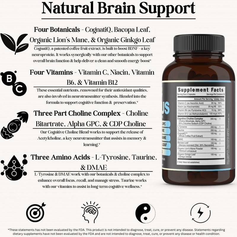 Focus 14-in-1 Nootropic Brain Supplement with Lions Mane, Alpha GPC Choline, Vitamin C & B12, Taurine, Bacopa - Energy, Cognitive, Memory Support, 60 Filler Free Capsules