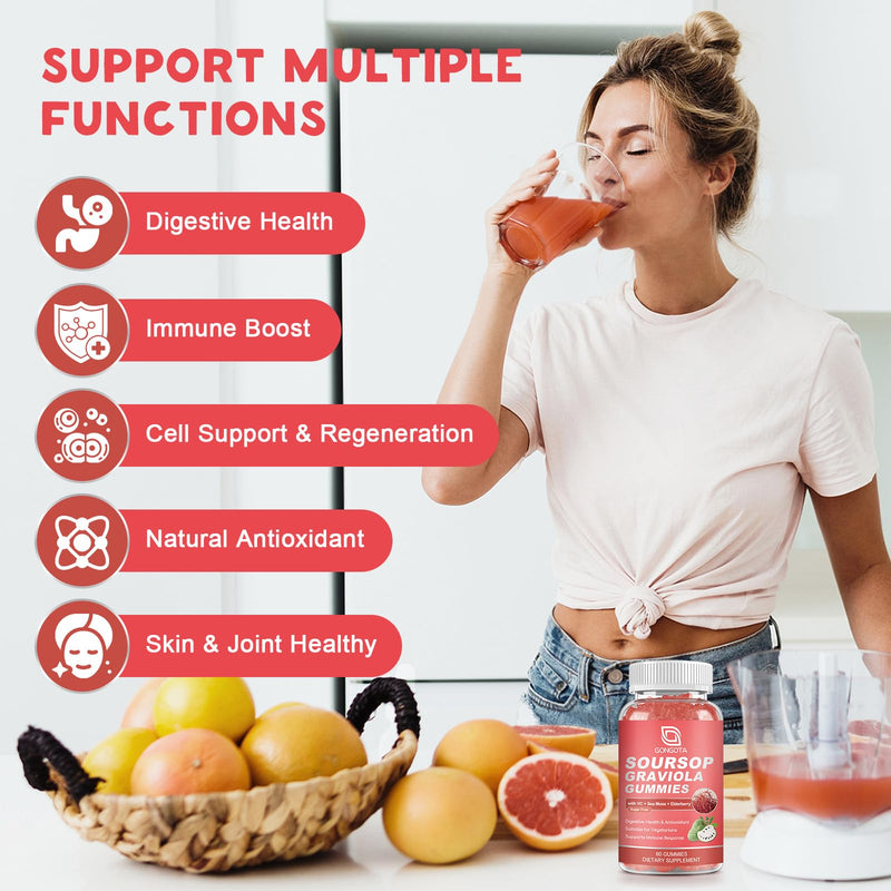 Soursop Graviola Gummies - 2200mg Extra Soursop Leaves Extract,Elderberry & Sea Moss & Zn, for Digestive, Immune, Antioxidant and Overall Health Support - Gluten Free, Vegan, 60 Gummies Peach 60 Count (Pack of 1)