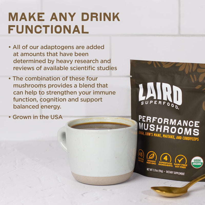 Laird Superfood Organic Performance Mushroom Blend with Chaga, Cordyceps, Lion's Mane and Maitake for Energy and Cognition, 3.17 oz. Bag, Pack of 1 Performance Mushrooms - BeesActive Australia
