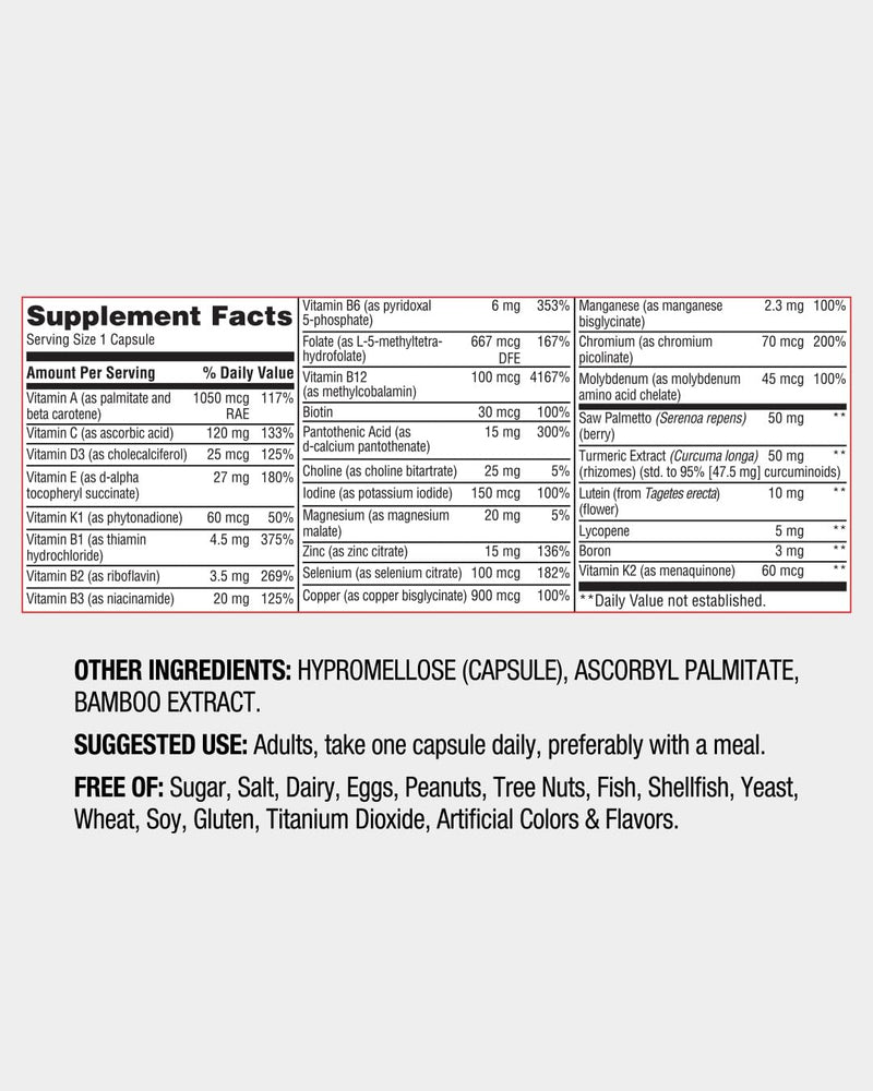 Red Rocker Essentials Men's Multi - Methylated B12 & Folate with Saw Palmetto, 95% Curcumin Turmeric & Lycopene - Prostate, Heart & Energy Support - Once Daily - 30 Capsules