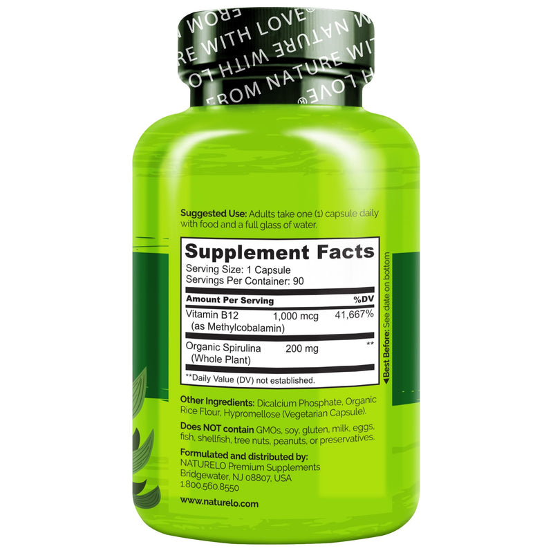 NATURELO Vegan B12 - Methylcobalamin, 90 Capsules | Organic Spirulina, Methyl B12 1000 mcg, Supports Healthy Mood, Energy, Heart & Eye Health, Vitamin B12 1000 mcg Unflavored 90 Count (Pack of 1)