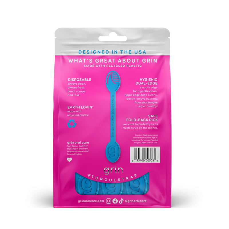 GRIN Tongue Cleaner Strap, 48 Count, Disposable Tongue Cleaner, Hygienic Dual Edge Scraper, Recycled Plastic, Clean Tongue, Healthy Tongue, Promote Fresh Breath, Includes Safe Fold- Back Tooth Pick 48 Count (Pack of 1) - BeesActive Australia
