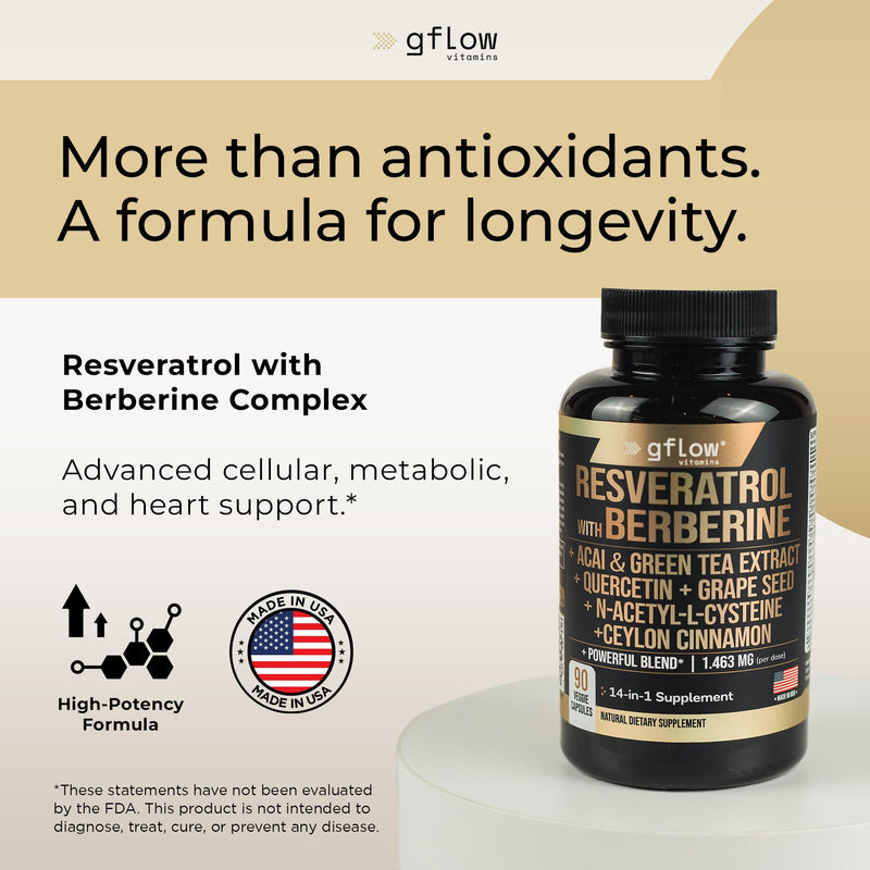 gflow vitamins Resveratrol Supplement with Berberine Green Tea Extract, Ceylon Cinnamon, Grape Seed & Quercetin1000mg Quercetin, N Acetyl cysteine, Acai | 100% Natural, Max Strength | Made in USA