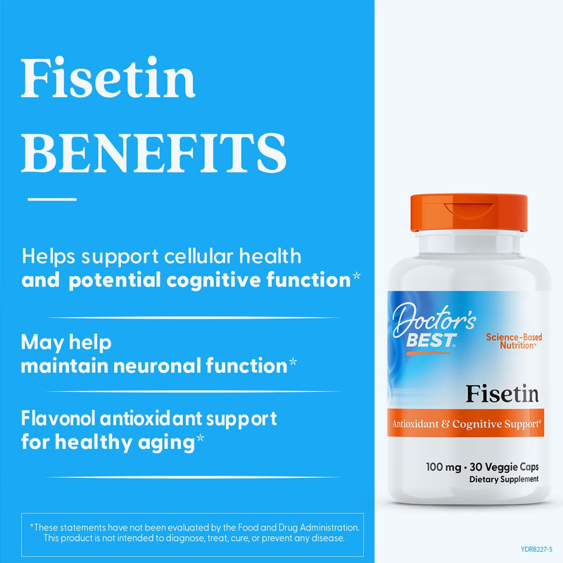 Doctor's Best Fisetin Supplement 100 mg for Men & Women - Brain Health & Antioxidant Support, Fisetin Capsules (as Novusetin) 100mg per Serving, Vegan, Gluten Free, Soy Free, Non GMO - 30 Veg Caps Unflavored 30 Count (Pack of 1)