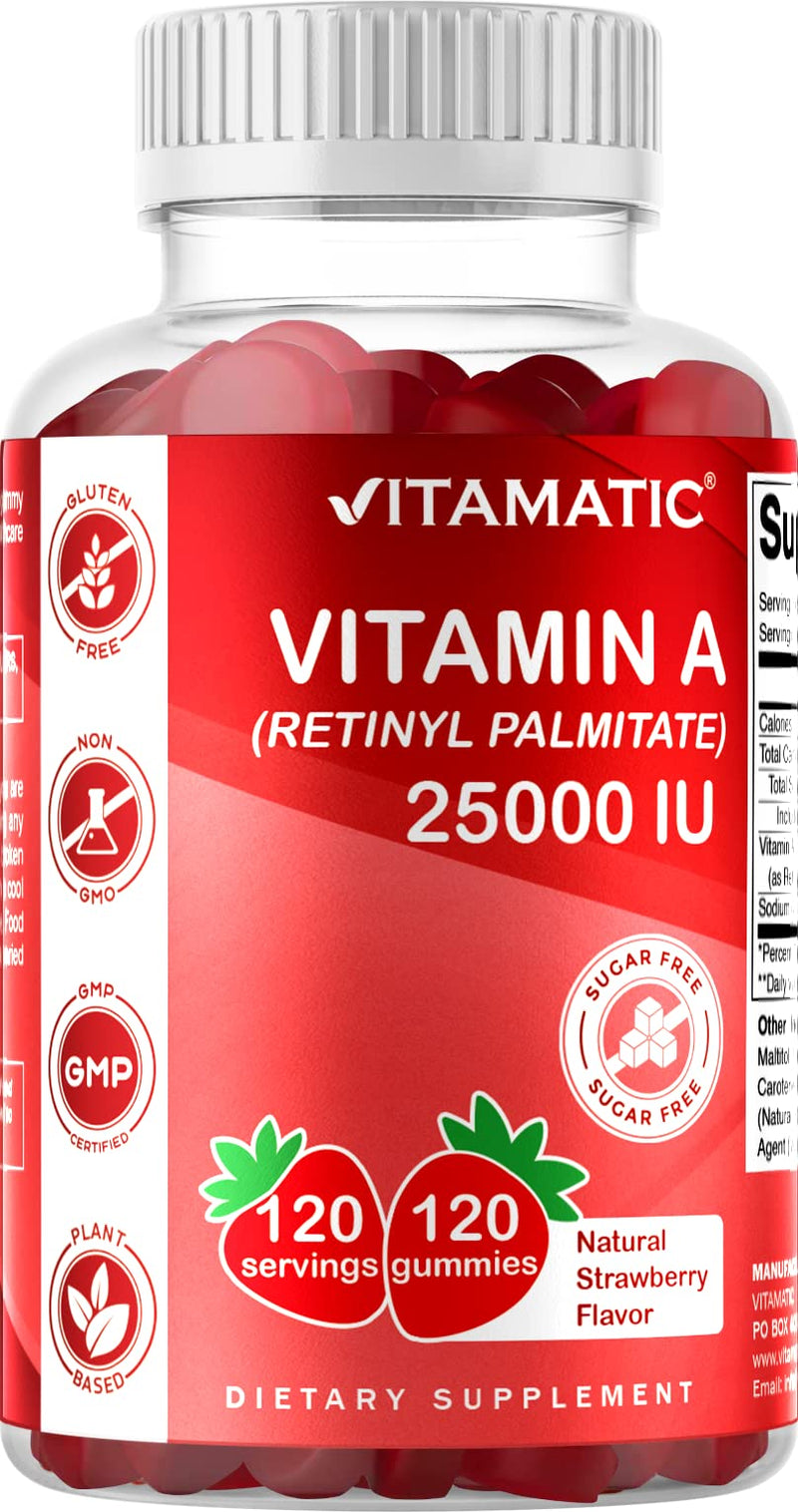 Vitamatic Sugar Free Vitamin A 25000 IU Gummies (Retinyl Palmitate) - Natural Strawberry Flavor - 120 Pectin Based Gummies (1 Bottle) 1 Bottle - BeesActive Australia