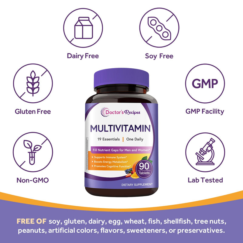 Doctor's Recipes Multivitamin for Women & Men, Immune, Energy & Brain Health Support, Vitamin A, C, D3, E, B6, B12, Folic Acid, Iron, Zinc, Copper, Selenium & Iodine, No Gluten, Non-GMO, 90 Tablets 90 Count (Pack of 1)