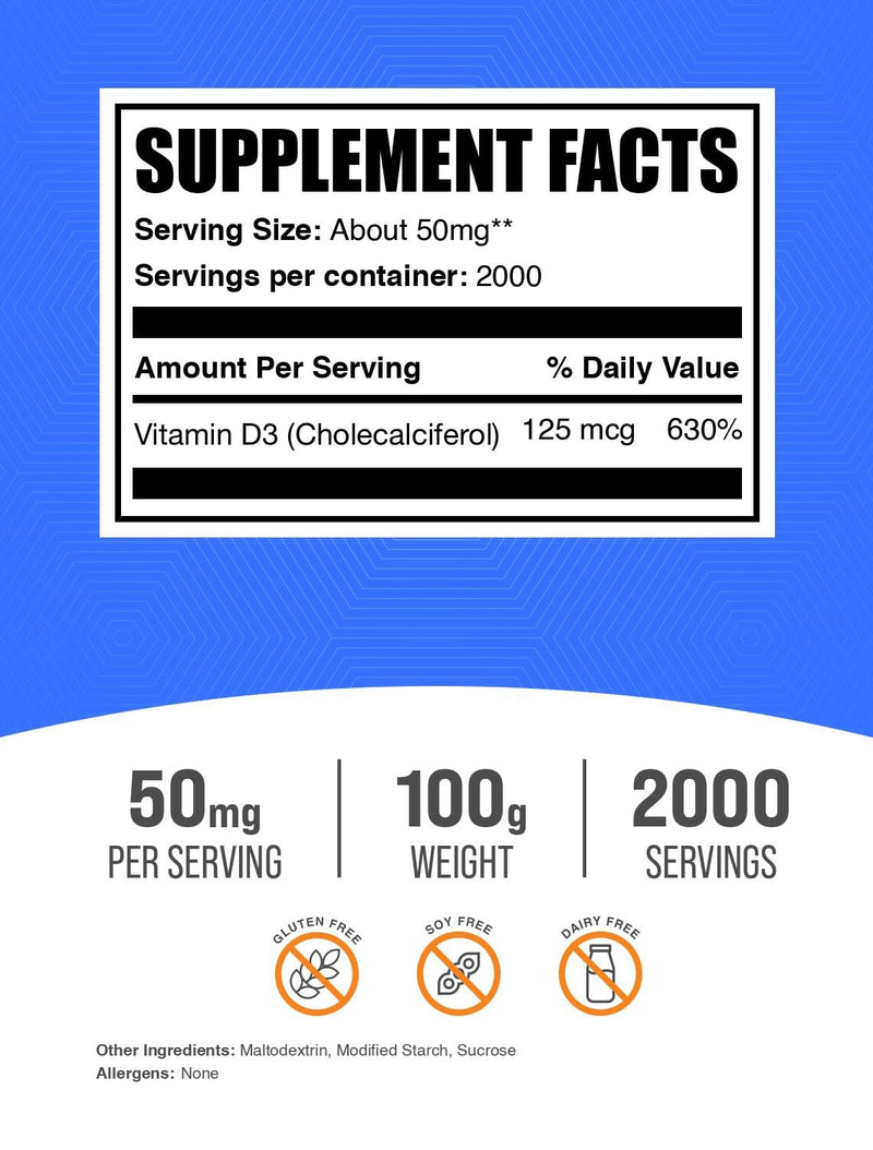 BulkSupplements.com Vitamin D3 Powder - Cholecalciferol, 5000 IU - Gluten Free, 50mg (125mcg of Vitamin D3) per Serving, 100g (3.5 oz) (Pack of 1) 3.5 Ounce (Pack of 1)
