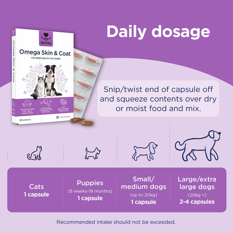Omega Skin & Coat For Cats & Dogs (60 Capsules) | Beef Flavoured | Shinier Coat, Healthier Pet | Omega 3 and 6 Blend | Supports Skin, Coat, Joints, Brain and Heart