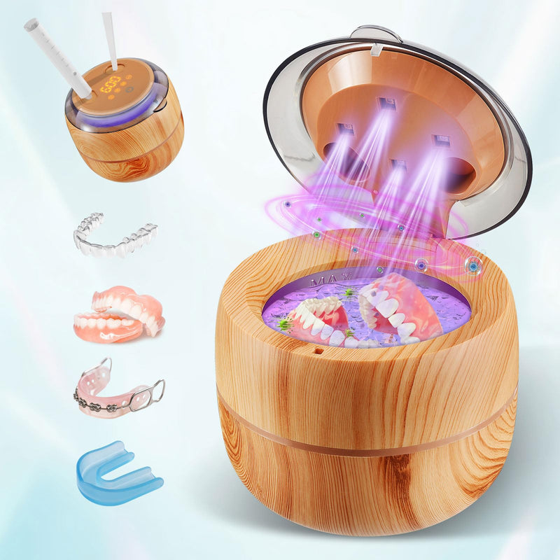 Voraiya Ultrasonic Retainer Cleaner Machine, 360° UV Cleaning Denture Pod, 45kHz Ultrasonic Dental Cleaner Mouth Guard Cleaner for Aligner, Night Guard, Braces, Toothbrush, Jewelry, Ring Wood Color - BeesActive Australia