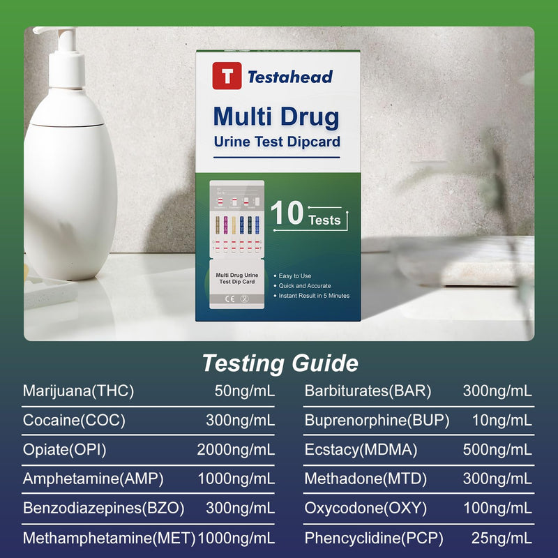 T TESTAHEAD Drug Test Kit 10 Pack, Home Drug Tests, 12 Panel Drug Test Urine, Tests for Marijuana (THC),COC,OPI 2000,AMP,BZO,BAR,BUP,MDMA,MET,MTD,OXY,PCP - BeesActive Australia