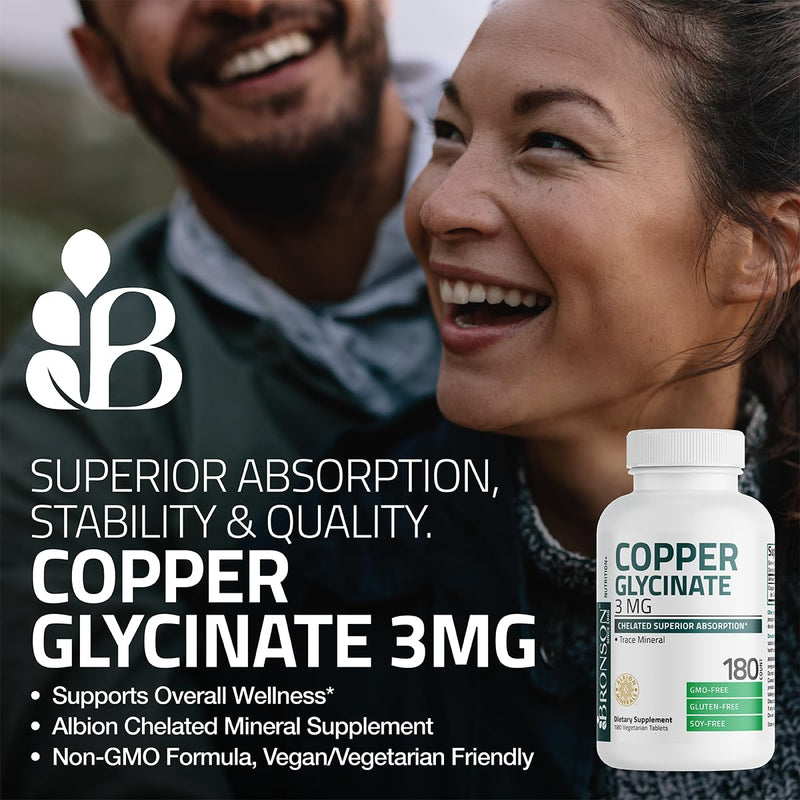 Bronson Copper Glycinate 3mg Chelated Superior Absorption Non-GMO, 180 Vegetarian Tablets