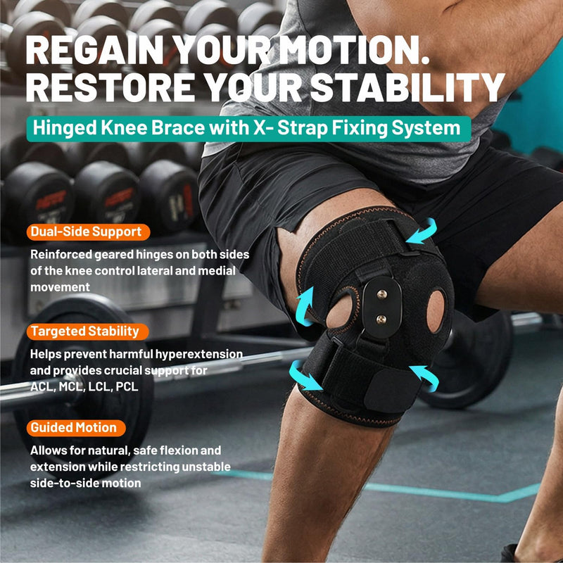 Hinged Knee Brace with Dual Side Stabilizers - Metal Hinge Support,4-way Adjustable Wraparound,for Meniscus Tear,ACL, PCL, MCL&Arthritis Pain Relief Large