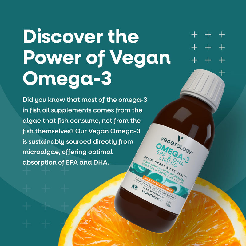 VEGETOLOGY Vegan Omega 3 Liquid, from Microalgae, 800mg of EPA DHA, with Vitamin D3, Supports Heart, Brain, and Eye Health, Natural Fish Oil Alternative, UK Made, Mild Orange Flavoured