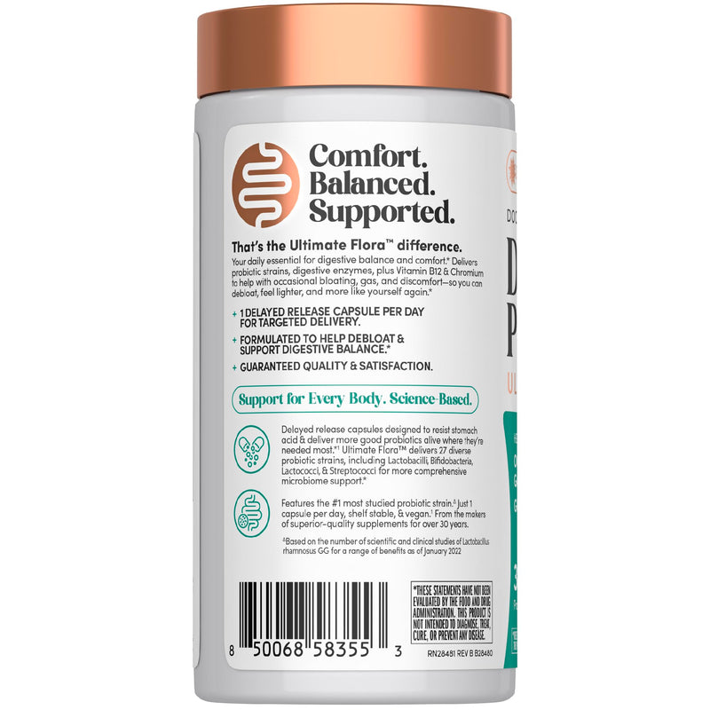 Renew Life Ultimate Flora Debloat Probiotic | 30 Delayed Release Vegan Capsules | with Potent Digestive Enzymes, B12 & Chromium | Gluten, Dairy & Soy Free Supplement
