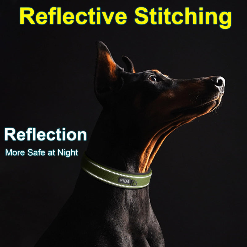 Fida Heavy Duty Dog Collar for Medium Dogs, Ultra Comfortable Soft Neoprene Padded, Adjustable Reflective Nylon Pet Collar with Durable Metal Belt Buckle for Medium Breeds (M, Green) Medium(14.5"-19") Military Green - BeesActive Australia