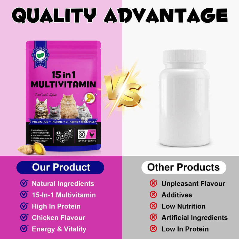 Daily Essential Vitamins for Cats - 15-in-1 Multivitamin Soft Chews with Taurine, Omega Fatty Acids, Prebiotics & Green-Lipped Mussel for Immune, Digestion, Joint Support - Chicken Flavor