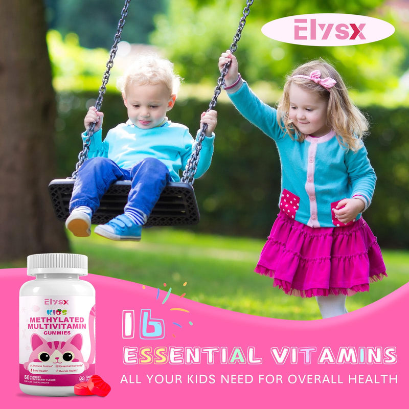 Kids Methylated Multivitamin Chewable Gummies, MTHFR Supplement with L Methylfolate, Magnesium, Biotin, Choline, Inositol, DHA, TMG & Coq 10, Immune & Brain Support, Strawberry Flavor, 60 Ct 60 Count (Pack of 1)