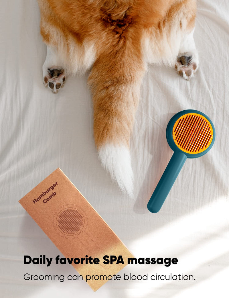 Cat Grooming Brush Self Cleaning Slicker Dogs Cats Doggy Pet Kittens One-Click Shedding Button Stainless Steel Teeth Comb Removal Loose Matted Tangled Hair Massage Indoor Outdoor Undercoat Hamburger Cabbage - BeesActive Australia