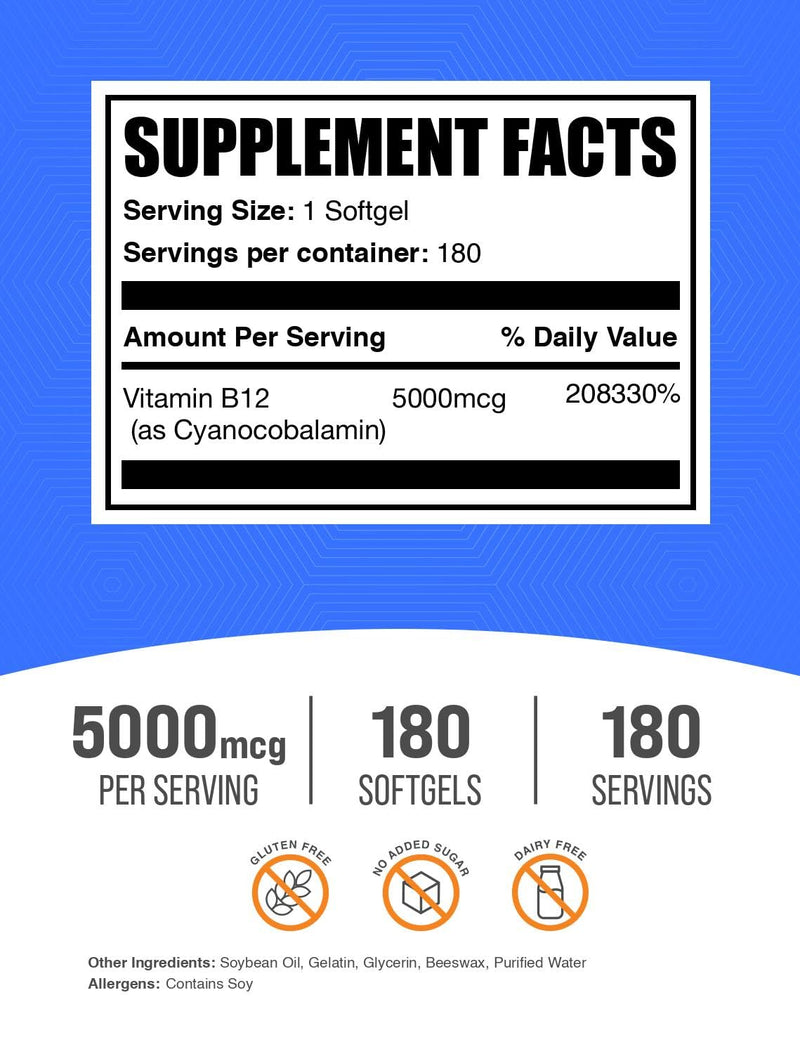 BulkSupplements.com Vitamin B12 5000 mcg Softgels - Cyanocobalamin, Vitamin B Supplements, B12 Vitamins Pills - Gluten Free, 1 Vitamin B12 Softgel per Serving, 180-Day Supply, 180 Softgels 180 Count (Pack of 1)