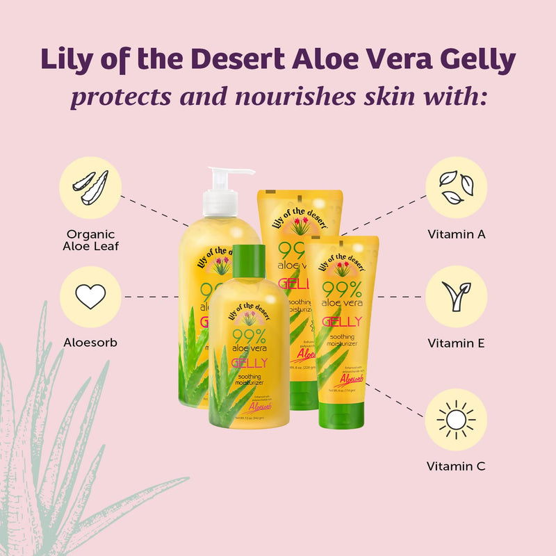 Lily Of The Desert Gelly Moisturizer - 99% Organic Aloe Vera Gel for Skin, After Sun Care with Aloe, Vitamin E Oil, and Vitamin C for Sunburn Relief, 16 Fl Oz 16 Ounce (Pack of 1)