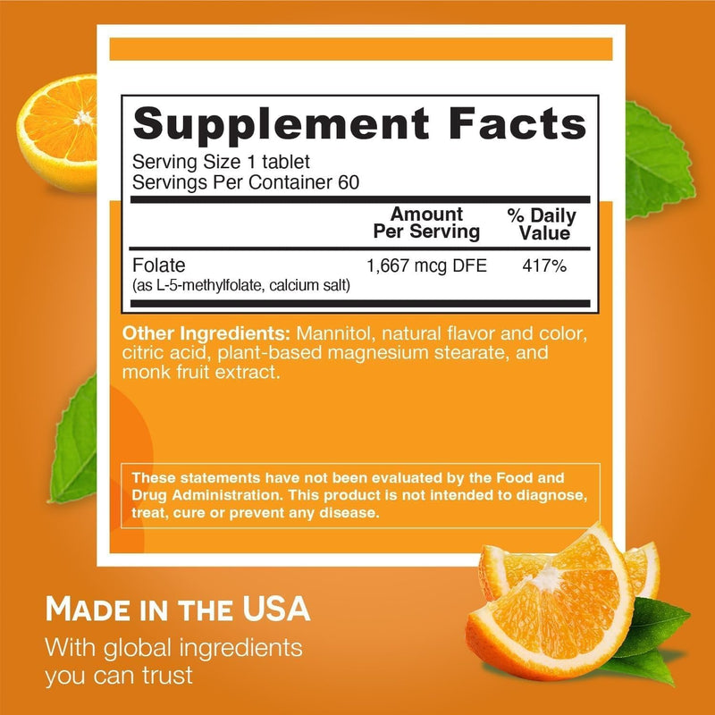 EZ Melts Dissolvable Folate 1,667 mcg DFE - Methylated Folate Supplement - Heart Health & Healthy Fetal Development - Non-GMO, Vegan & Dairy-Free - Orange Blast -120 Dissolvable Tablets (120 Servings) 60 Count (Pack of 2)