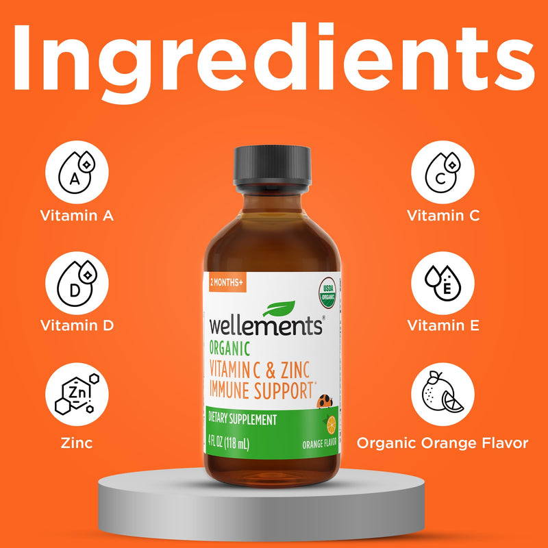 Wellements Organic Kids Immune Support* Syrup Vitamin C & Zinc 2 Months+ | Immune Support* for Kids & Toddlers, Orange Flavor | Free from Dyes, Parabens & Top 9 Most Common Allergens (4 Fl Oz)
