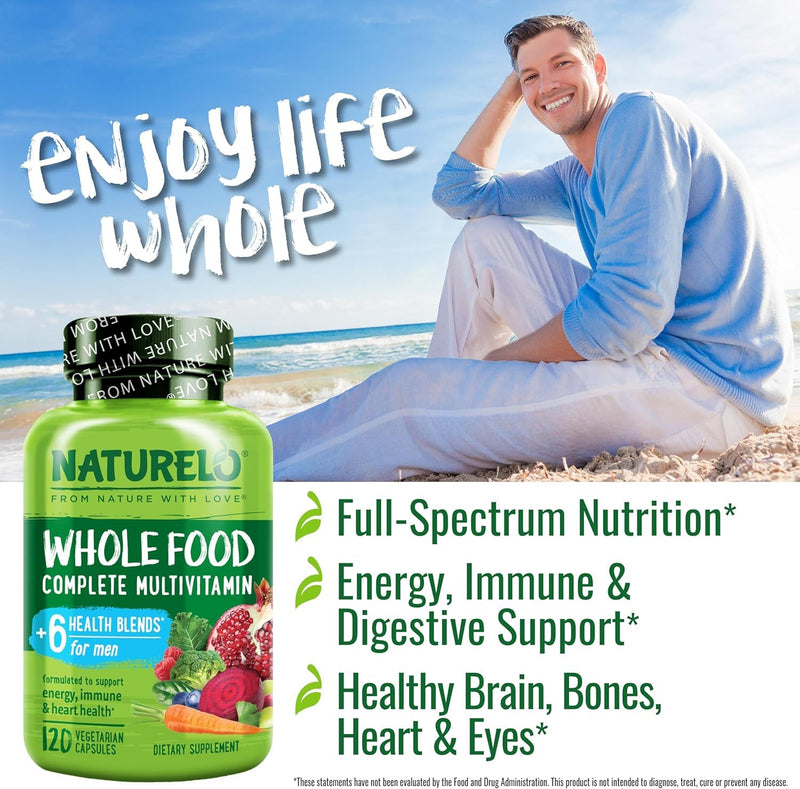 NATURELO Men's Multivitamins - Whole Food Multivitamin for Men, 120 Caps | Vitamins, minerals, vegetarian capsules, energy, brain, heart, eye health* 120 Count (Pack of 1)
