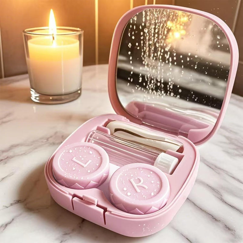 Contact Lens Case Kit with Cleaner Washer, Contact Lenses Applicator Removal Tool Kit with Mirror Solution Bottle for Daily and Outdoor Use(Pink) Pink