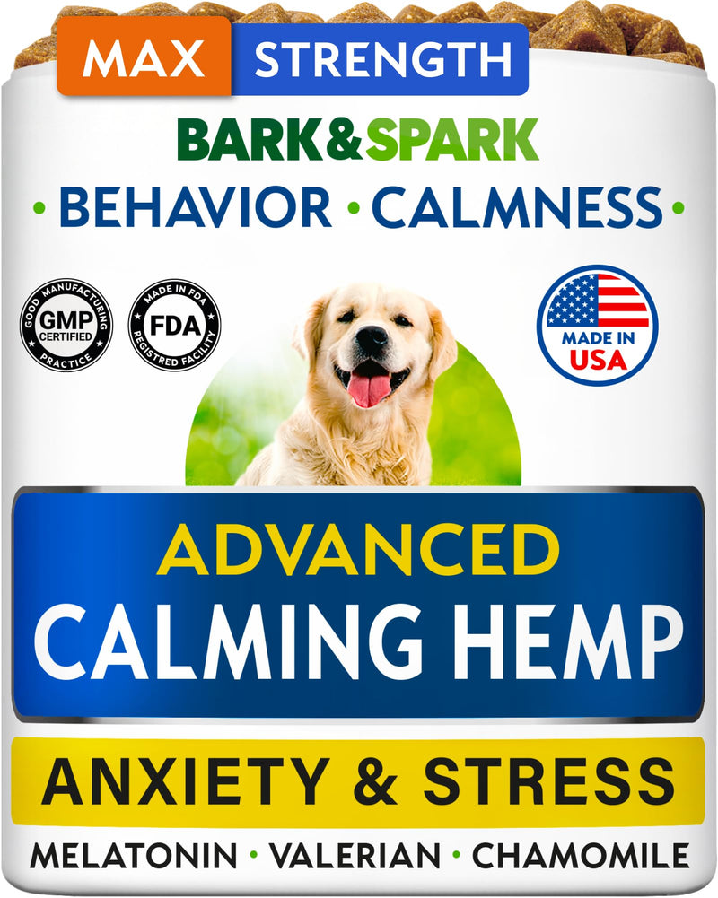 BARK&SPARK Advanced Calming Chews for Dogs - Separation Anxiety Relief for Dogs w/Hemp Oil + Melatonin - Relief During Fireworks, Storms - Aggressive Behavior, Barking, Stress Aid - 90Chews 90Ct Calming Chews (Anxiety & Stress)