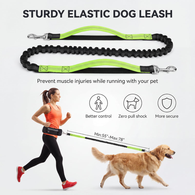 Hands Free Dog Leash 3 Zip Pounchs with Reflective Strips Poop Bag Dispenser,Waist Belt Fanny Pack Waterproof,Dual Handles and Durable Bungee for Dog Walking,Jogging and Running (black-green) black-green - BeesActive Australia