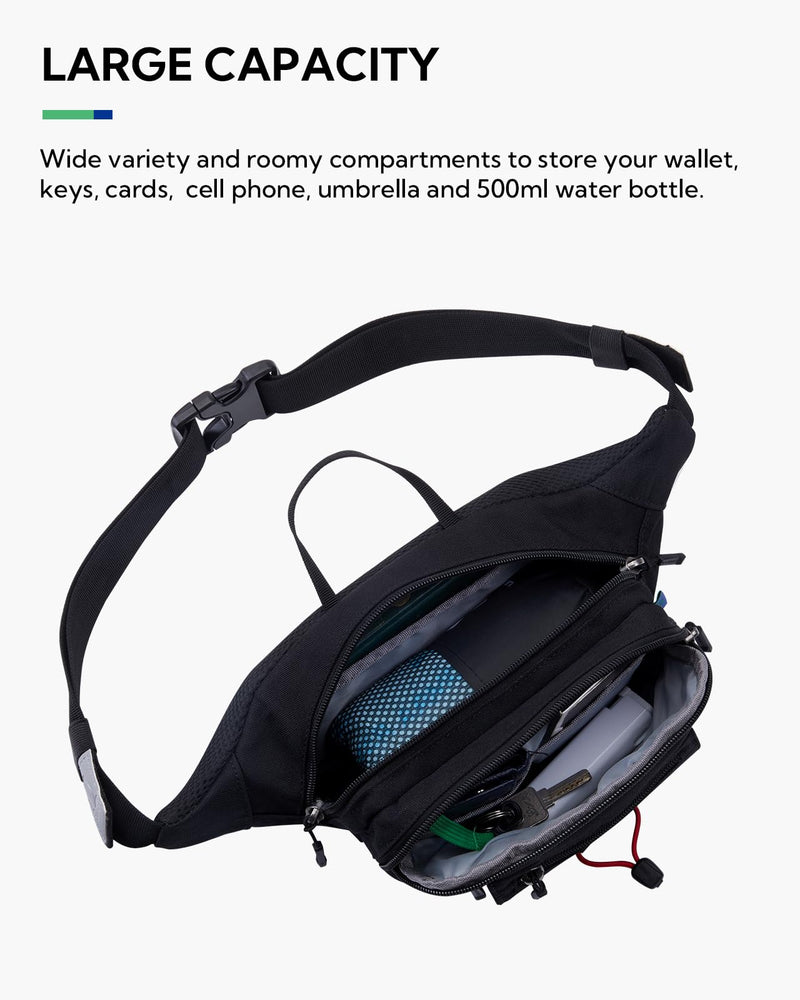 WATERFLY Running Belt Fanny Pack: Runner Marathon Jogging Waist Pack Sport Workout Exercise Fitness Phone Holder Belt for Men Women Jogger Slim Waistband Black Black with Peacock Blue Panel
