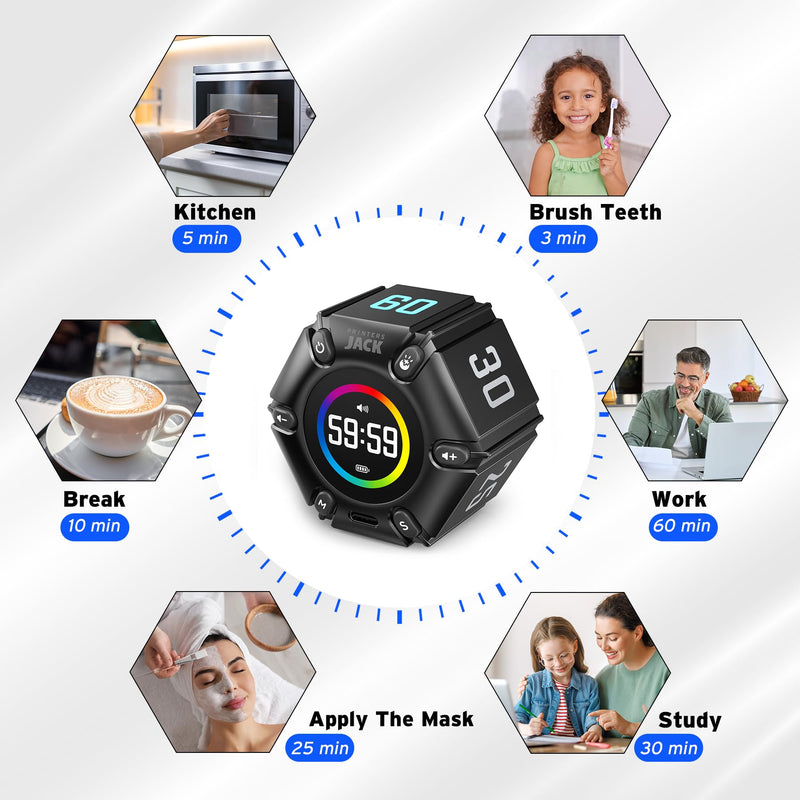 Jack Pomodoro Timer - Productivity Cube, Visual Focus Timer, Mute & Vibration & Adjustable Sound Alert, for Office, ADHD, Study, Work, 3/5/10/25/30/60min & Custom Countdown - Black Real Black - BeesActive Australia