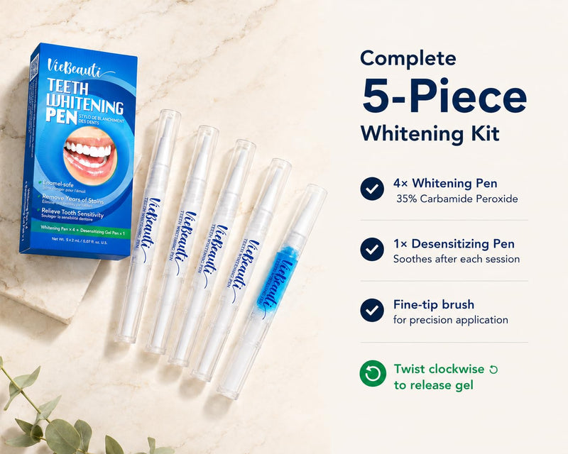 VieBeauti Teeth Whitening Pen Kit, 35% Carbamide Peroxide Gel, 5 Pack Mint