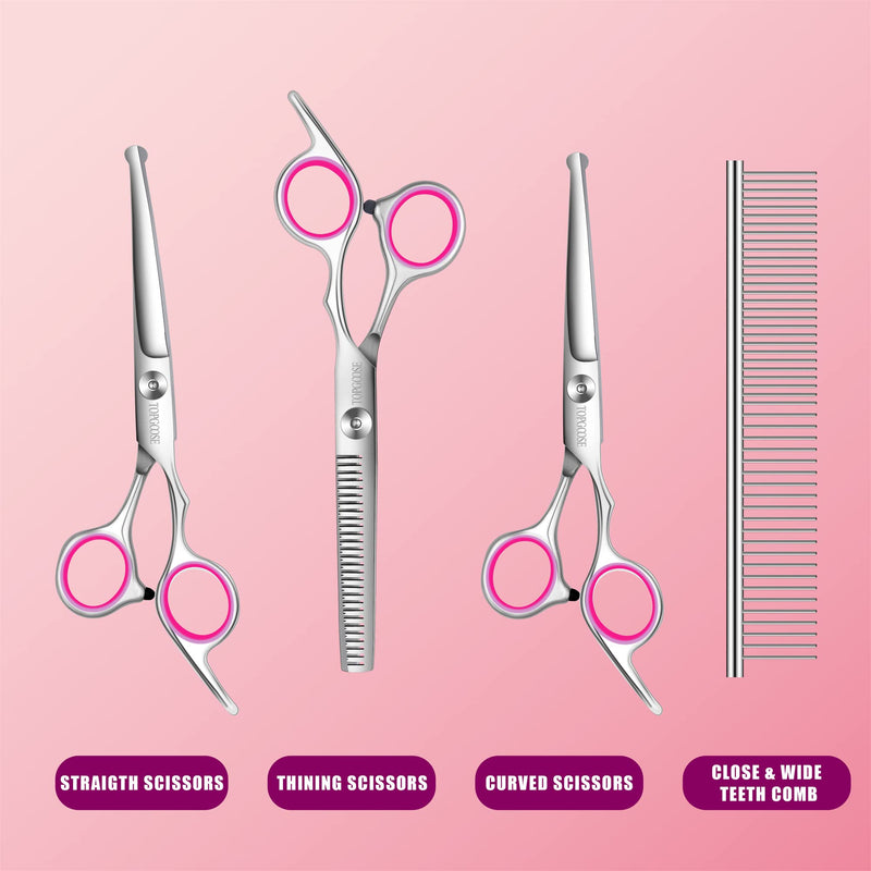 TOPGOOSE Dog Grooming Scissors Set, Safety Round Tip Grooming Tools 6 Piece Kit for Pets Dogs Cats Full Body - Professional Curved Thinning Straight Scissors Comb (Pink) Pink - BeesActive Australia