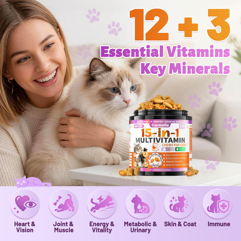 Cat Vitamins & Hairball Support, 2 x 500 Crunchy & Creamy Chews, Cat Multivitamin & Hairball Remedy Treats for Digestion, Skin Coat, Gut Health & Daily Wellness, Chicken & Krill Flavor