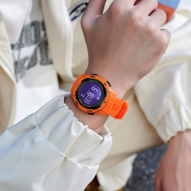 Step Counter Fitness Tracker Watches for Men, Men's Digital Sports Yellow Watch IP68 Waterproof with Pedometer Calorie Dual Time Countdown Stopwatch, Tactical Military Outdoor Survival Hiking Orange - BeesActive Australia