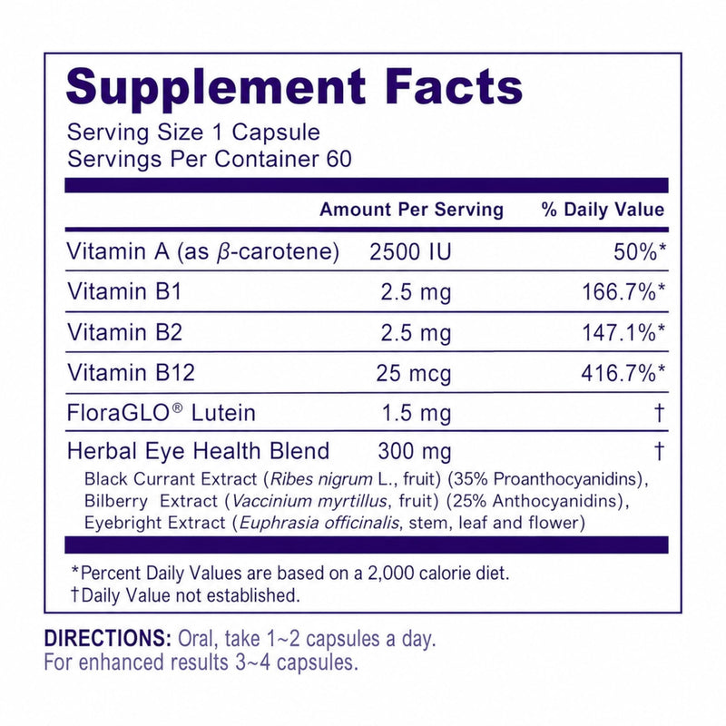 LOVITA Eyes Care, Eye Vitamins with Clinically Proven FloraGLO Lutein, 10000 mg Equivalent Bilberry, Black Currant & Eyebright, Supports Eye Strain, Dry Eye and Vision Health, 60 Vegetarian Capsules | With Vitamins B1, B2 & B12, Black Currant, Bilberry...