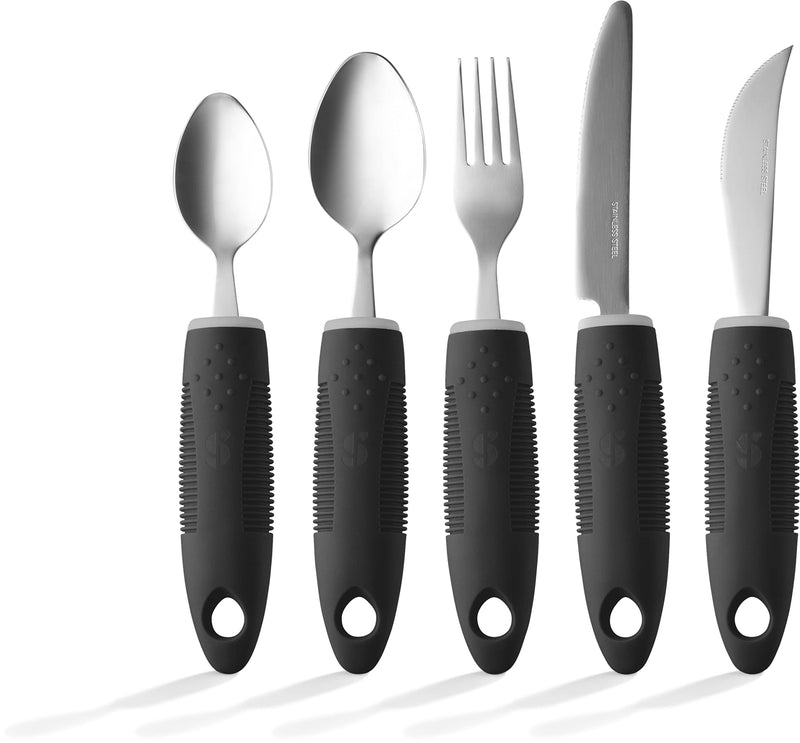 Special Supplies Adaptive Utensils (5-Piece Kitchen Set) Wide, Non-Weighted, Non-Slip Handles for Hand Tremors, Arthritis, Parkinson’s or Elderly Use (Black) Black - BeesActive Australia