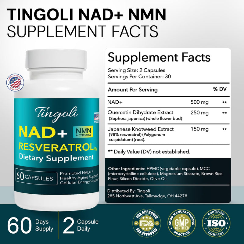 NAD+ Resveratrol Supplement with Quercetin – NMN Alternative for Cellular Energy Support, Focus & Healthy Aging – High Potency 500mg NAD+ Formula, Vegan, Non-GMO, Gluten-Free, Made in USA, 60 Capsules