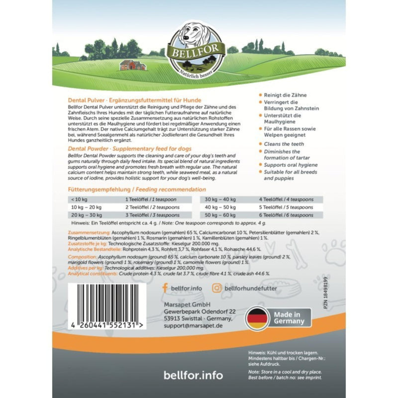 Bellfor Natural Dental Powder Against Tartar Easy to use and dose Excellent Digestibility Suitable for All Breeds of Dog Dental Powder - 80 g