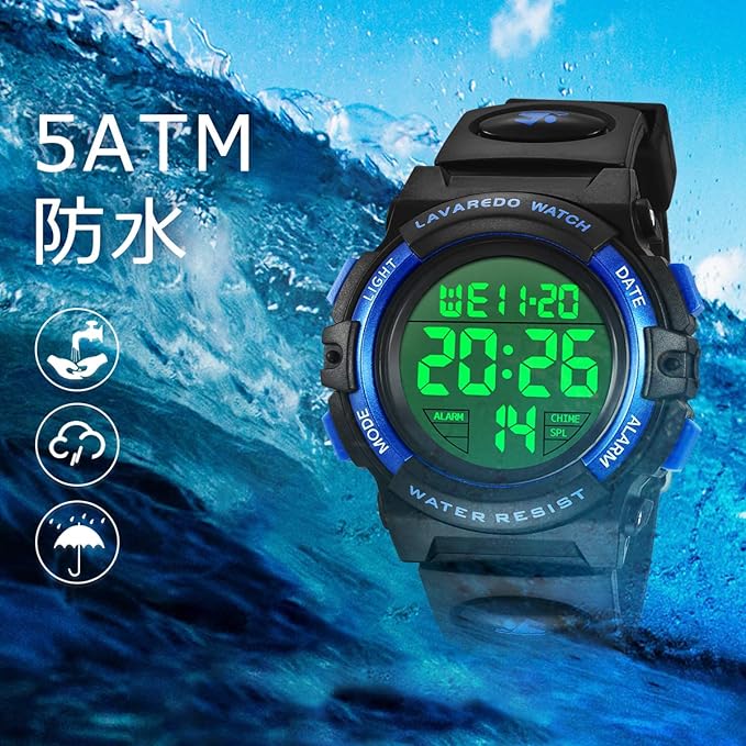Kids Watch, Digital Watch, Boys Sports Watch, General Outdoor Use, Multifunctional, Waterproof Up To 164.0 ft (50 m), Alert, Date Display, Dual Time, LED, Analog Display, 9.3-Fluorescent Blue -  Australia