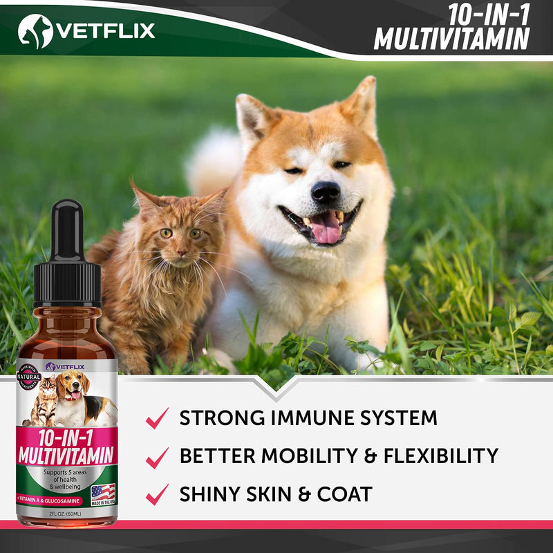 Pet Vitamins 10-in-1 Made in USA - Natural Glucosamine for Dogs & Cats, Essential Multivitamin Blend for Pet Joint Health, Longevity, Gut & Immune Health - All Ages, Breeds and Sizes 2 fl oz - PawsPlanet Australia