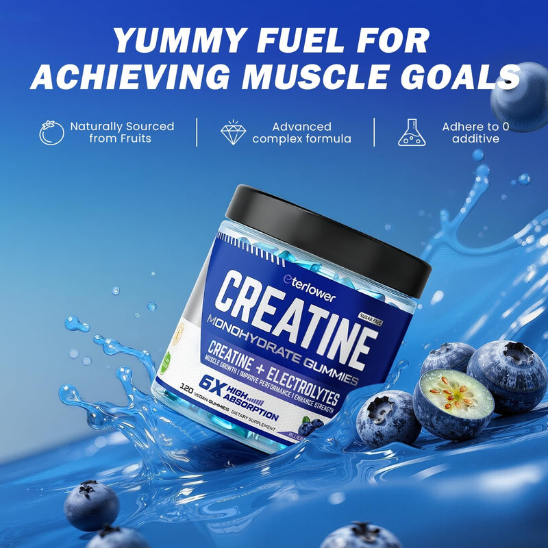Creatine Monohydrate Gummies 5g, Pre & Post Workout Energy & Muscle for Men & Women | Blueberry Electrolyte Vitamin C/B6/B12 Gummies, 120 Count 119 Count (Pack of 1)
