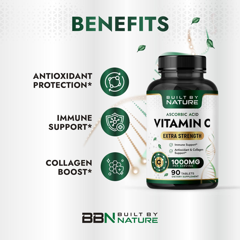 Built by Nature Vitamin C 1000mg Immune Support Supplement - 90 Tablets | High Potency, Antioxidant for Women & Men, Supports Energy, Skin & Collagen