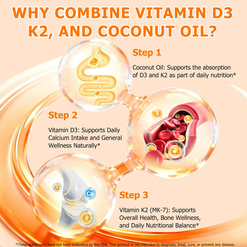 Vitamin D3 K2, D3 K2 Vitamin 10000 iu Supplement with Coconut Oil Softgels, 2 in 1 Formula 200 mcg (MK-7) Complex Softgels Supports Immune, Easy to Swallow & Non-GMO