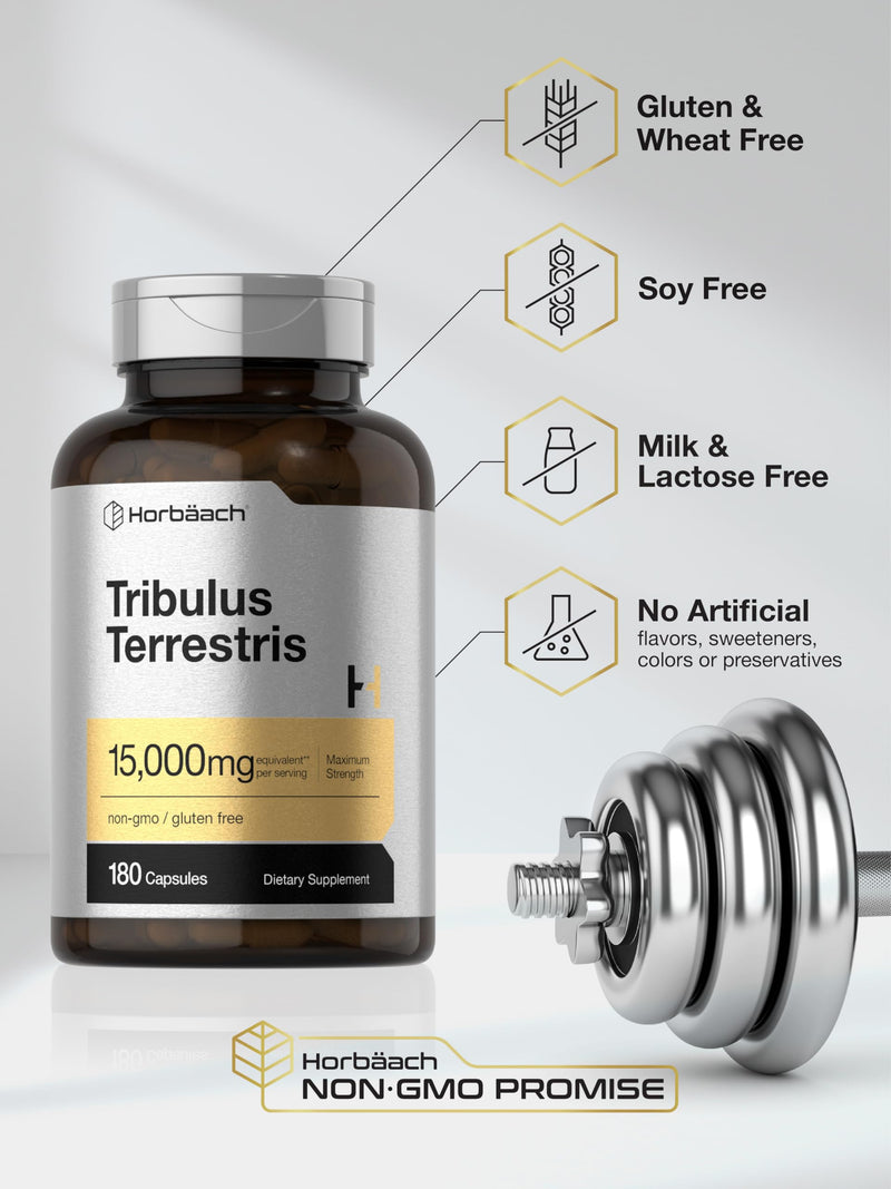 Horbäach Tribulus Terrestris for Men 15000mg | 180 Capsules | Maximum Strength | Non-GMO, Gluten Free Extract Supplement 180 Count (Pack of 1) - BeesActive Australia
